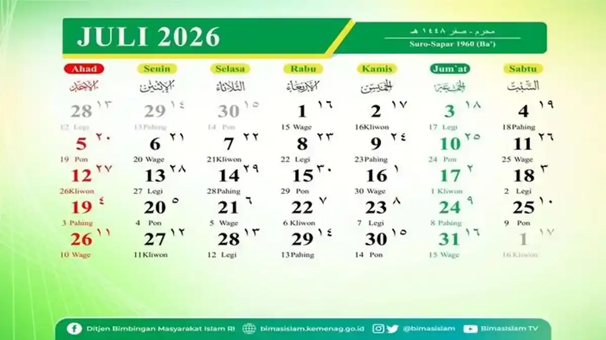 Kalender Bulan Juli 2026 beserta Tanggal Merah dan Hari Penting Nasional - Tribunsumsel.com