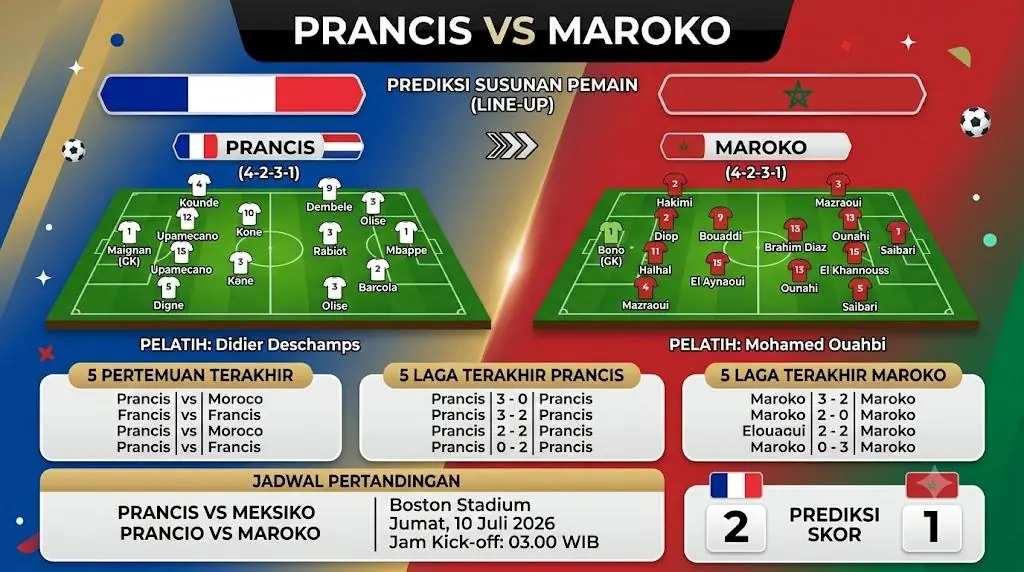 Prediksi Prancis Vs Maroko, Line-Up, 5 Laga Terakhir dan Peluang Lolos Semifinal Piala Dunia 2026 - Bangkapos.com