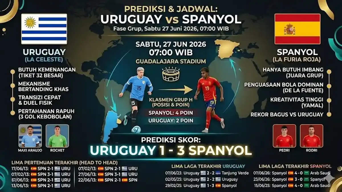 Spanyol Vs Uruguay, Prediksi Skor, Susunan Pemain dan H2H di Piala Dunia 2026 - Bangkapos.com